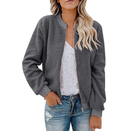 KOG Fleecejacke für Damen Herbstjacke Casual Cordjacke College Jacke Einfarbig Streetwear Teenager Pullover Winterjacke Strickjacken Festival Jacke Frau Steppjacke Softshellmantel Grau S von KOG
