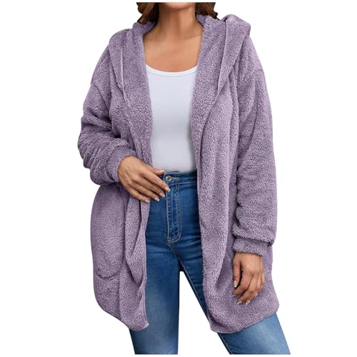 KOG Fleecejacke für Damen Herbstjacke Warm Vliesjacke Puffer Jacke Einfarbige Kleidung Wintermantel übergangsmantel Strickjacke Teddy Jacken Frauen Fahrradmantel Daunenjacken Lila XXL von KOG