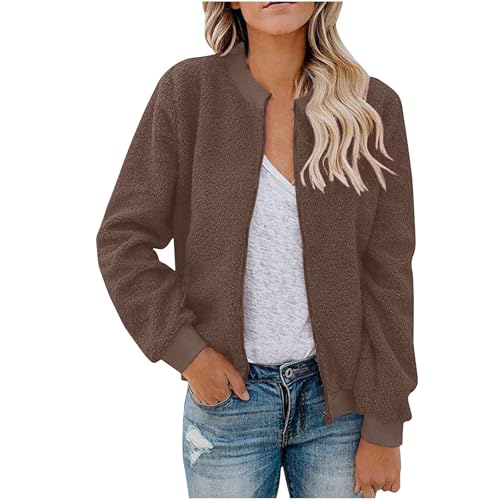 KOG Fleecejacke für Damen Herbstjacke Warmes Wollmantel Fleecejacken Einfarbig Kleidung Winterjacke übergangsmantel Strickjacken Motorrad Jacke Frau Bikerjacke Softshelljacken Braun XXL von KOG