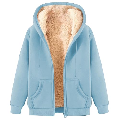 KOG Fleecejacke für Damen Jacke Elegant Fleecepullover Wollmantel Einfarbig Kleidung Pullover Wintermantel Windjacke Cordjacke Frauen Steppjacke Baumwolle Hellblau XL von KOG