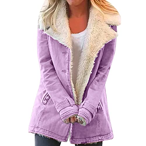 KOG Fleecejacke für Damen Jacke Mode Teddyfleece Jacke Teddyjacke Einfarbig Kleidung Wintermantel Outlet Angebote Strickjacken Frau Wollmantel Baumwolle Amazon Gutschein Lila L von KOG