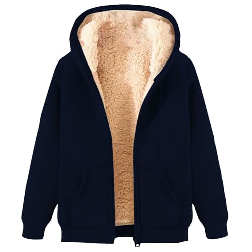 KOG Fleecejacke für Damen Jacke Mode Wollmantel Teddyjacke Einfarbige Bekleidung Pullover Herbstjacke Hemdjacke Frauen Zipper Jacke Baumwolle Marine 3XL von KOG