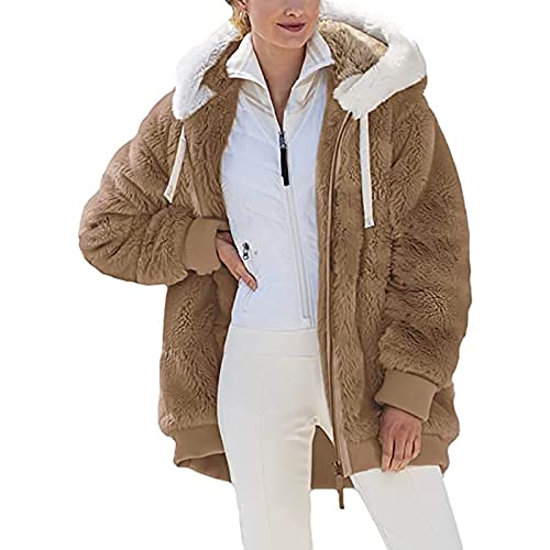 KOG Fleecejacke für Damen Jacke Warmes Fleecejacken Cordjacke Einfarbige Oberteile Pullover Zipper Jacke Amazon - prime Teddyjacke Teenager Baumwolle Gutschein Amazon Khaki 3XL von KOG