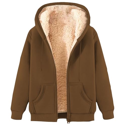 KOG Fleecejacke für Damen Jacken Elegant Teddy Jacken Fleecemantel Einfarbige Bekleidung Frauen Winterjacke Blusenjacke Frau Daunenmantel Baumwolle Braun M von KOG
