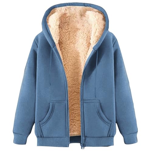 KOG Fleecejacke für Damen Jacken Elegant Teddy Jacken Fleecemantel Einfarbige Bekleidung Frauen Winterjacke Blusenjacke Frau Daunenmantel Baumwolle Blau XXL von KOG