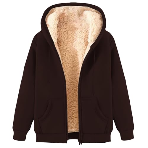 KOG Fleecejacke für Damen Jacken Warme Teddy Jacken Wollmantel Einfarbig Oberteile Frauen Winterjacke übergangsjacken Fleecepullover Frau Zipper Jacke Baumwolle Kaffee S von KOG