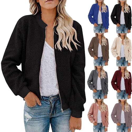 KOG Fleecejacke für Damen Winterjacke Casual Wollmantel Fleecejacken Einfarbig Streetwear Frauen Hoodie Wintermantel Blusenjacke Fleecemantel Wollmantel Bikerjacke Steppmantel Schwarz S von KOG