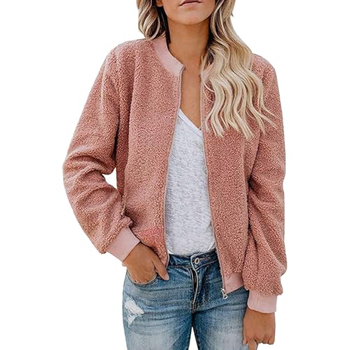 KOG Fleecejacke für Damen Winterjacke Casual Wollmantel Motorrad Jacke Einfarbige Bekleidung Frauen Herbstjacke Trenchcoat Teddyjacke Softshellmantel Laufjacke Softshelljacke Rosa M von KOG