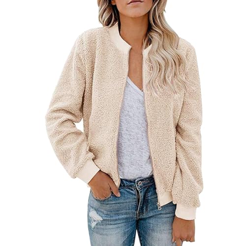 KOG Fleecejacke für Damen Winterjacke Warmes Cordjacke Sport Jacke Einfarbig Streetwear Frau Kapuzenpullover übergangsmantel Teddyjacke Dufflecoat Bikerjacke Softshelljacke Beige XXL von KOG