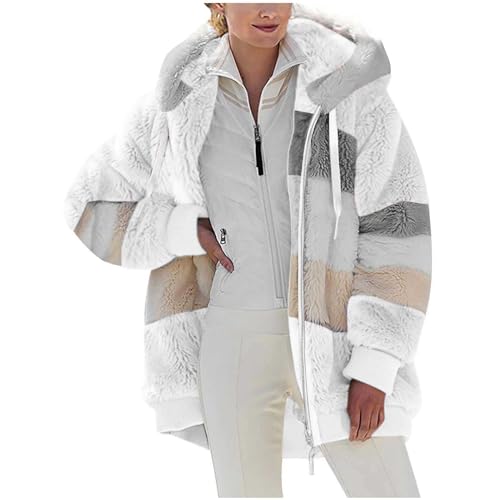 KOG Fleecejacke für Damen Wintermantel Warm Teddy Fleecejacke Einfarbige Bekleidung Hoodie Winterjacke Gutschein Strickjacke Cordjacke Frauen Parka Baumwolle Sale Damen Weiß XL von KOG