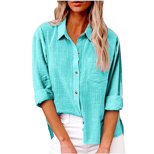KOG Gutschein Amazon Bluse Damen Langarm Hemd Oberteile Einfarbig Langarmshirt Winter Leinenhemd Hemd Frau Shirt Einfarbige Pullover Warm Blusen & Tuniken Amazon Basics Blau M von KOG
