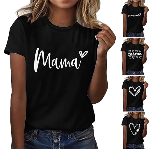 KOG Gutschein Amazon Damen Shirt Casual Mama Print Shirts Freizeit Baumwolle T-Shirts Geschenke für Mama Elegant Grafik Kleidung Frau Rundhals Lose Angebote Schwarz L von KOG