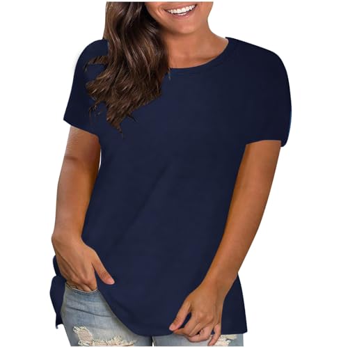 KOG Gutschein Amazon Damen T-Shirt Freizeit Einfarbige Oberteile Lose Baumwolle Shirts Frauen Tuniken Elegant Einfarbig Blusen & Tuniken Rundhals Fashion Tages Heute Marine 3XL von KOG