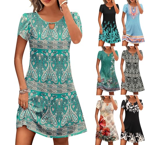 KOG Gutschein Amazon Sommerkleider für Damen Sommerkleid Motiv Frauen Mode Strandkleider Swing Festkleider Freizeitkleider Baumwolle Kleid Hochzeitsgast Angebote Blau XXL von KOG