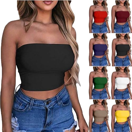 KOG Gutschein Bandeau Top Damen Crop Tops Sexy Tube Top Frauen Sommer Y2k Aesthetic Clothes Off Shoulder Bauchfreies Trägerloser Slim Fit Oberteile Angebote des Tages Heute Schwarz XL von KOG