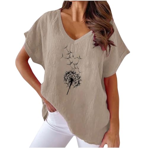 KOG Gutschein Damen Shirts Fashion Baumwolle Leinen Tuniken Vintage Kurzarm Tshirt T-Shirts Große Größen Einfarbig Oberteile Teenager V-Ausschnitt Slim Fit T-Shirt Sale Damen Khaki L von KOG