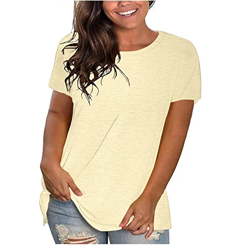 KOG Gutschein Damen Tshirt Casual Einfarbige T-Shirts Elegante Baumwolle Blusenshirt Frauen Longbluse Vintage Einfarbig T-Shirt Rundhals Slim Fit Tshirts Damen Tshirt Sale Khaki XL von KOG