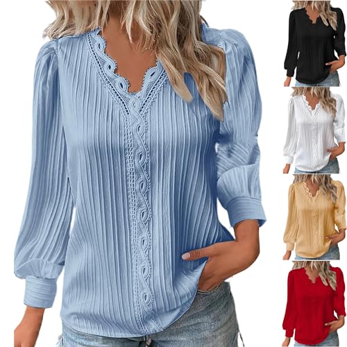 KOG Gutschein Langarmshirt für Damen Langarm Shirt Einfarbige Tuniken Freizeit Baumwolle Hemd Frau Longshirt Herbst T-Shirt Teenager Mädchen V-Ausschnitt Warm Tshirts Outlet Amazon Hellblau 4XL von KOG