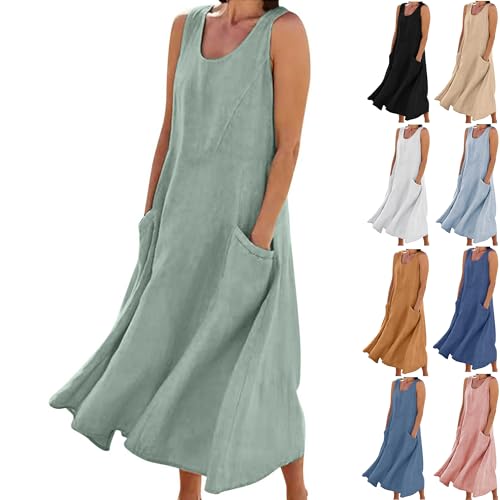 KOG Gutschein Sommerkleid Damen Sommerkleider Basic Leinenkleid Casual Basic Boho-Kleid Swing Frauen Hemdkleid Umstandskleid Baumwolle Kleider für Hochzeitsgäste Sale Angebote Grün XXL von KOG