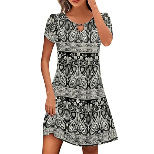 KOG Gutschein Sommerkleid Damen Sommerkleider Sommer Kleid Tie-Dye Muster Casual Bekleidung Boho Kleid Weiß Frau Tunika Kleid Baumwolle Abendkleid Hochzeit Blitzangebote des Tages Schwarz L von KOG
