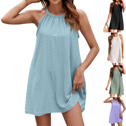 KOG Gutschein Sommerkleid Sommerkleider Damen Elegante Kleider Einfarbige Frauen Mode Sommerkleidung Schwarz Teenager T-Shirt Kleid Blusen Kleid Baumwolle Abendkleid Hochzeit Prime Himmelblau M von KOG