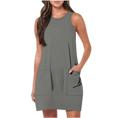 KOG Gutschein Sommerkleider Damen Sommerkleid Casual Shirtkleid Einfarbig Teenager Leichte Strandkleid Lang Frau Festkleider Tshirt Kleid Baumwolle Hochzeitsgast Kleid Grau M von KOG