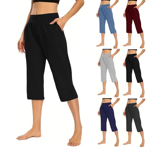KOG Gutscheine 3/4 Hose Damen Cargo Hosen Fashion Sommerhose Baumwolle Leicht Cargohose Frau Jogginghose Leichte Yoga Hose Beige Stretch Hose Slim Fit Hippie Schlaghose Prime Schwarz L von KOG