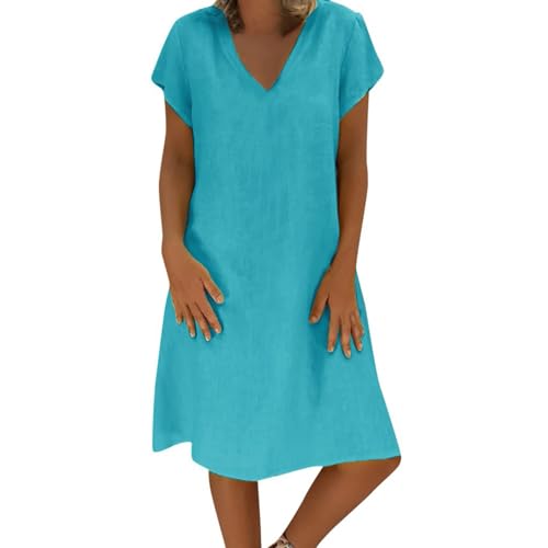 KOG Gutscheine Damen Sommerkleider Sommerkleid Mode Blusenkleider Leinenkleid 2024 T-Shirt Kleid Schwarzes Frau Kleid Tshirt Kleid Baumwolle Brautjungfernkleider Outlet Amazon Blau 5XL von KOG