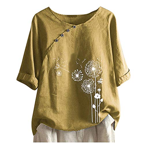 KOG Gutscheine Damen T-Shirts Sommer Leinenbluse T-Shirt Fashion Baumwolle Tunika Tuniken Lose Grafik Drucken Blusen & Tuniken Teenager Rundhals Casual Longbluse Sale Angebote Damen Gelb L von KOG