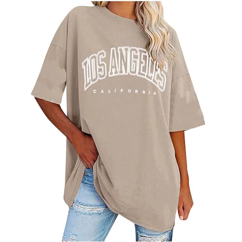 KOG Damen Tshirts Elegante Print Oberteile Elegant Kurzarm Kleidung T-Shirts Oversized Print Blusen & Tuniken Teenager Rundhals Sommer Hemd Khaki 3XL von KOG