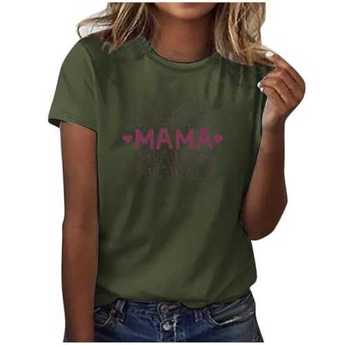 KOG Gutscheine Damen Tshirts Lässig Mama Print Tshirt Vintage Baumwolle Shirt Muttertagsgeschenke für Mama Mama Geschenk Basic Grafik Frau Rundhals Slim Fit Blusenshirt Gutschein Armeegrün L von KOG