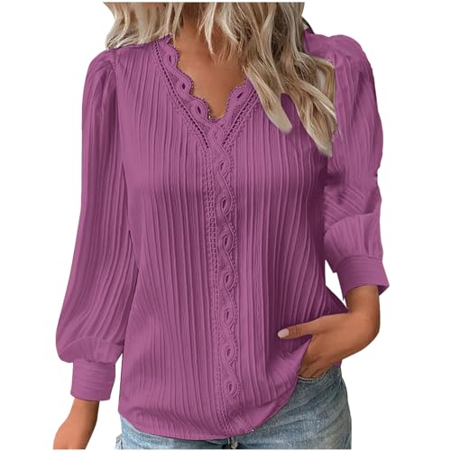 KOG Gutscheine Langarmshirt Damen Langarm Bekleidung Einfarbig Tuniken Freizeit Baumwolle Shirt Oberteile Casual Kleidung Teenager Mädchen V-Ausschnitt Pullover Gutschein Amazon Knalliges Pink L von KOG