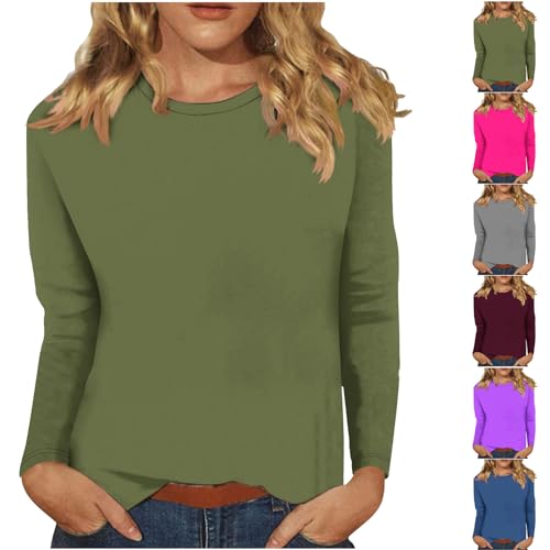KOG Gutscheine Langarmshirt Damen Langarm Kleidung Einfarbig Blusenshirt Freizeit Baumwolle Tshirts Frau Shirts Lässig Longshirt Teenager Mädchen Rundhals Basic Shirt Warehouse Deal Armeegrün M von KOG