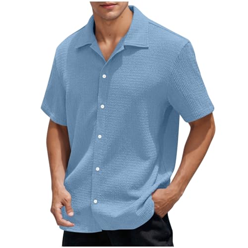 KOG Hemd Herren Sommer Freizeithemd Männer Hawaiihemd Einfarbig Kleiderhemd Baumwolle Hemden Gutschein Junge Sommerhemd 2025 Bekleidung Freizeit Oberteil Outlet Angebote Blau XL von KOG