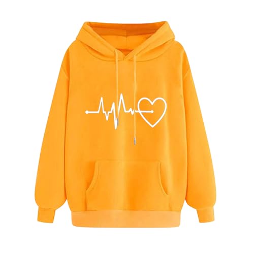 KOG Hoodie Damen Baumwolle Hooded Sweatshirt Einfarbig Hoodies Basic Sweatshirt mit Kapuze Warmes Pullover Fashion Teenager Mädchen Warm Lose Bekleidung Gelb M von KOG