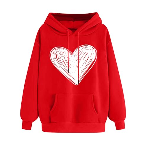 KOG Hoodie Damen Baumwolle Hooded Sweatshirt Einfarbig Sweatshirt mit Kapuze Elegant Oberteile Frauen Oberteil Freizeit Kleidung Elegante Frau Retro Oversize Hoodies Rot XL von KOG