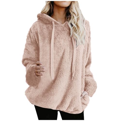 KOG Hoodie Damen Baumwolle Hooded Sweatshirt Einfarbig Sweatshirt mit Kapuze Warm Frau Hoodies Warmes Langarmshirt Vintage Teenager Mädchen Retro Locker Oberteil Oberteile Rosa S von KOG