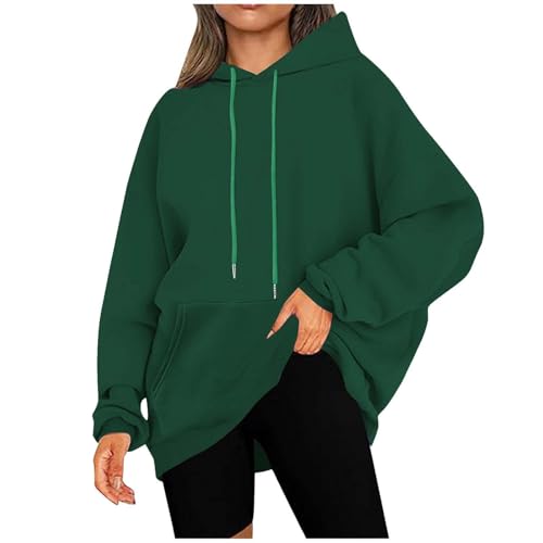 KOG Hoodie Damen Baumwolle Hooded Sweatshirt Einfarbig Sweatshirt mit Kapuze Warme Oberteile Teenager Mädchen Kleidung Elegant Langarmshirt Retro Winter Oversize Grün 3XL von KOG