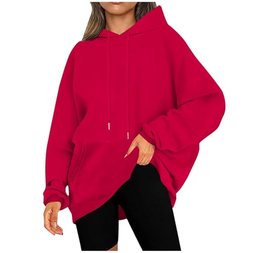 KOG Hoodie Damen Baumwolle Hooded Sweatshirt Einfarbig Sweatshirt mit Kapuze Warme Oberteile Teenager Mädchen Kleidung Elegant Langarmshirt Retro Winter Oversize Rot 3XL von KOG