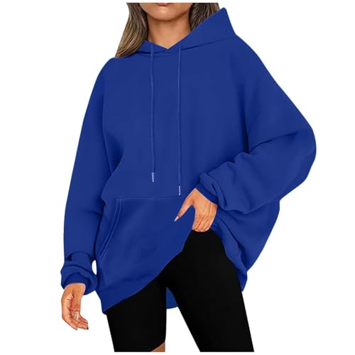 KOG Hoodie Damen Baumwolle Hooded Sweatshirt Einfarbig Sweatshirt mit Kapuze Warmes Frauen Pullover Basic Langarmshirt Fashion Frau Regular Oberteil Blau XL von KOG
