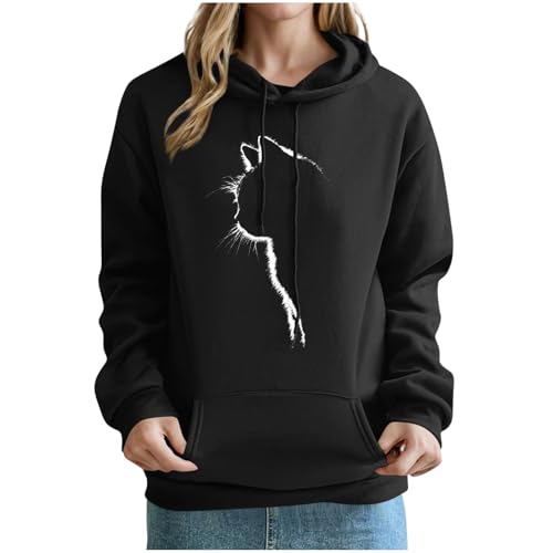 KOG Hoodie Damen Baumwolle Hooded Sweatshirt Einfarbig Sweatshirt mit Kapuze Warmes Kapuzenpullover Hoodies Elegant Retro Teenager Mädchen Slim Fit Bekleidung Langarmshirt Schwarz S von KOG