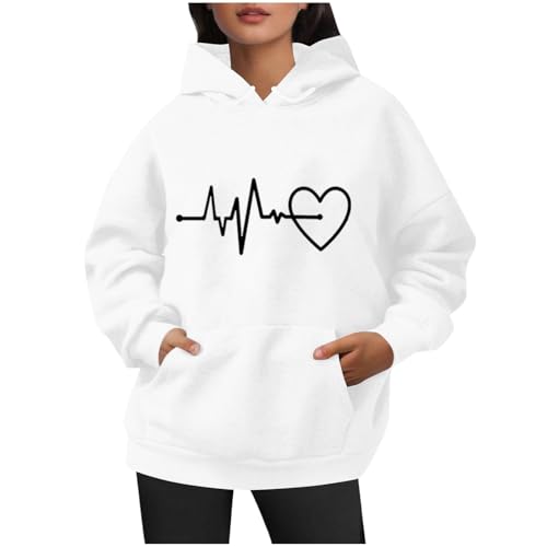 KOG Hoodie Damen Baumwolle Hooded Sweatshirt Einfarbige Hoodies Elegant Bekleidung Teenager Mädchen Pullover Mode Sweatshirt mit Kapuze Retro Frau Basic Regular Kleidung Weiß XL von KOG