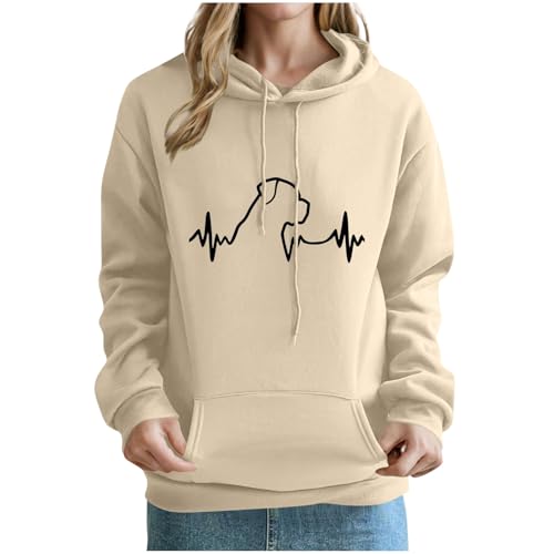 KOG Hoodie Damen Baumwolle Hooded Sweatshirt Hunde-Drucken Kapuzenpullover Warm Kleidung Teenager Mädchen Sweatshirt mit Kapuze 2025 Bekleidung Basic Frauen Retro Oversize Pullover Khaki XXL von KOG