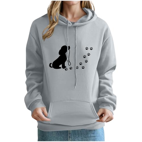 KOG Hoodie Damen Baumwolle Hooded Sweatshirt Hunde-Print Kapuzenpullover Warme Sweatshirt mit Kapuze Frauen Oberteil Warm Hoodies Basic Frau Elegante Lose Pullover Bekleidung Grau L von KOG