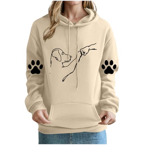 KOG Hoodie Damen Baumwolle Hooded Sweatshirt Hunde-Print Sweatshirt mit Kapuze Warmes Kapuzenpullover Teenager Mädchen Kleidung Fashion Oberteile Frauen Basic Oversized Oberteil Khaki XL von KOG