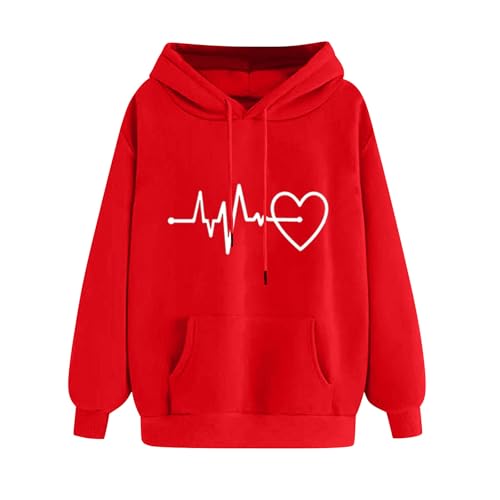 KOG Hoodie Damen Baumwolle Hoodies Einfarbig Hooded Sweatshirt Warmes Oberteile Frau Warm Kapuzenpullover Vintage Frauen Freizeit Oversized Langarmshirt Rot S von KOG