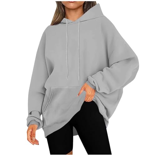 KOG Hoodie Damen Baumwolle Hoodies Einfarbig Sweatshirt mit Kapuze Warmes Oberteil Frau Kapuzenpullover Retro Kleidung Warme Frauen Winter Oversized Pullover Grau 5XL von KOG