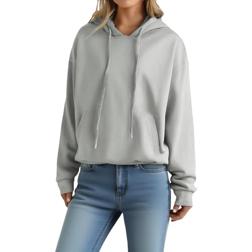 KOG Hoodie Damen Baumwolle Hoodies Einfarbige Kapuzenpullover Elegant Hooded Sweatshirt Frau Kleidung Warmes Bekleidung Mode Frauen Basic Oversized Oberteile Langarmshirt Grau M von KOG