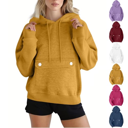 KOG Hoodie Damen Baumwolle Hoodies Einfarbige Kapuzenpullover Elegant Teenager Mädchen Kleidung Freizeit Hooded Sweatshirt Warm Frauen Vintage Sweatshirt mit Kapuze Bekleidung Gelb 3XL von KOG