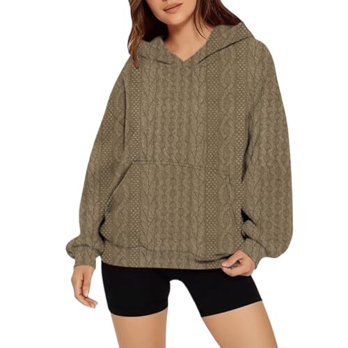 KOG Hoodie Damen Baumwolle Hoodies Einfarbige Sweatshirt mit Kapuze Warme Pullover Teenager Mädchen Oberteil Vintage Oberteile Oversize Bekleidung Kapuzenpullover Braun XL von KOG